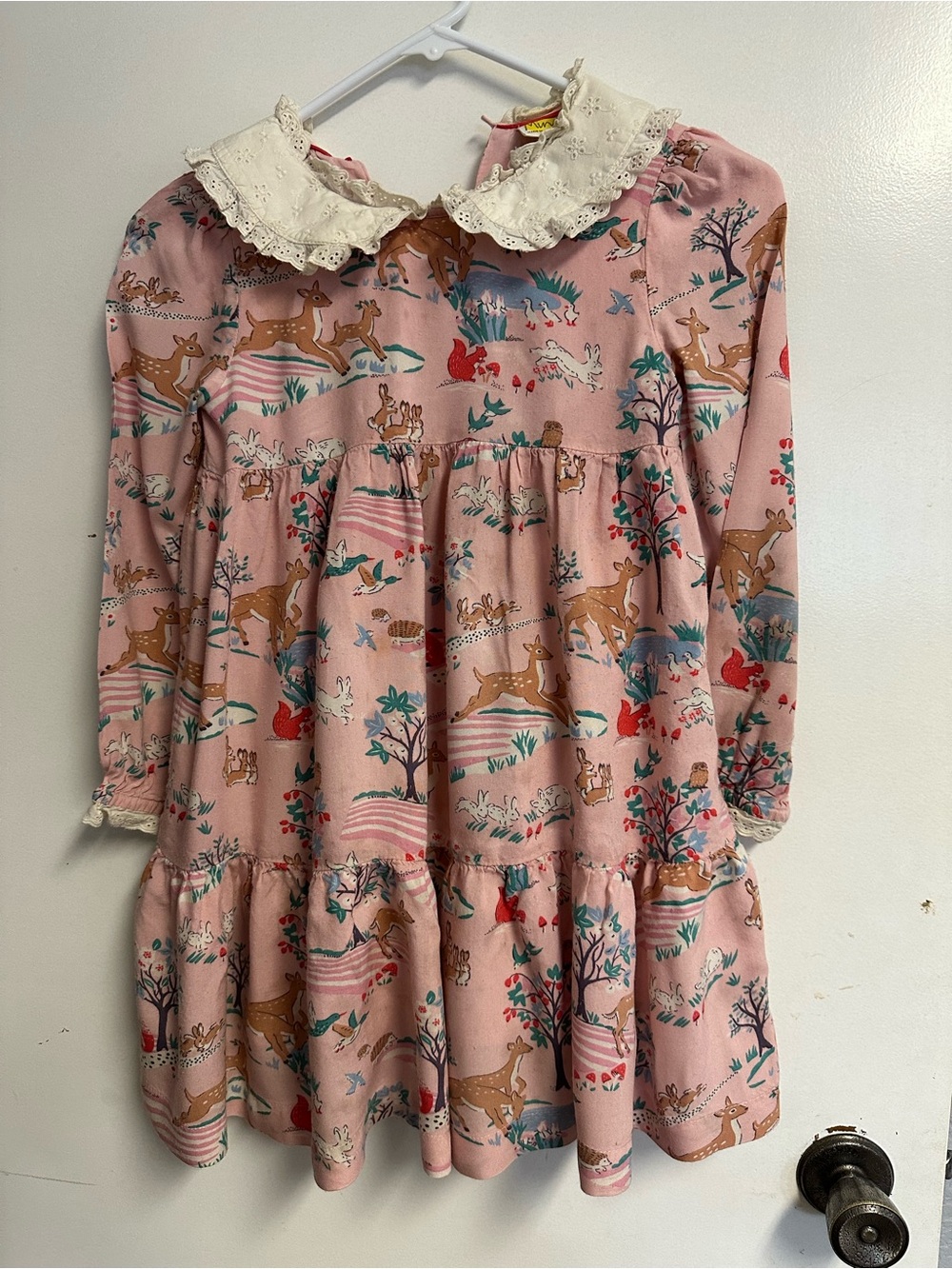 Mini Boden Girls' Pink Woodland Print Dress with Lace Collar
